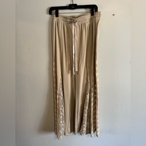 Beige Wide Leg Pants with Side Lace Panels